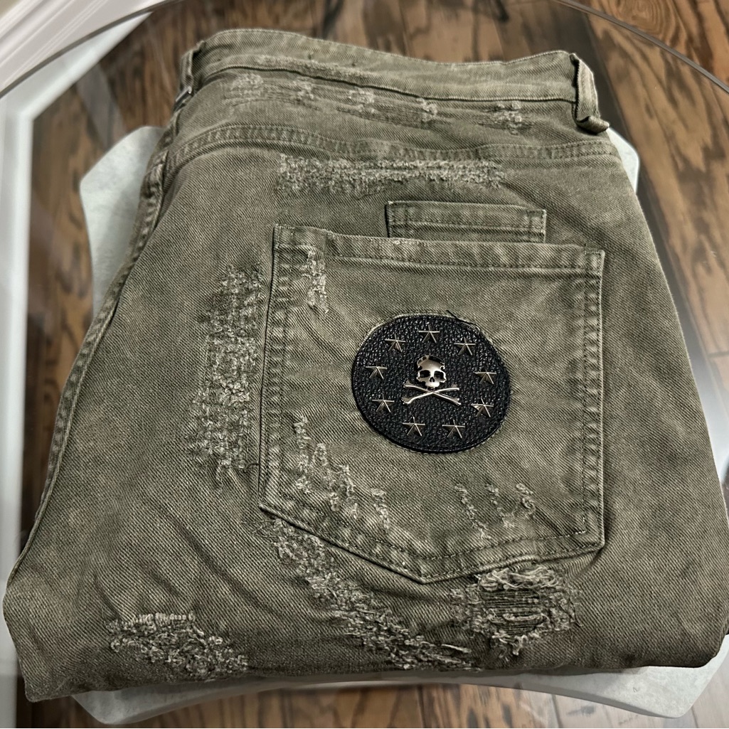 Nwot Philipp Plein Distressed Army Jeans - Size 40, Light Olive Green